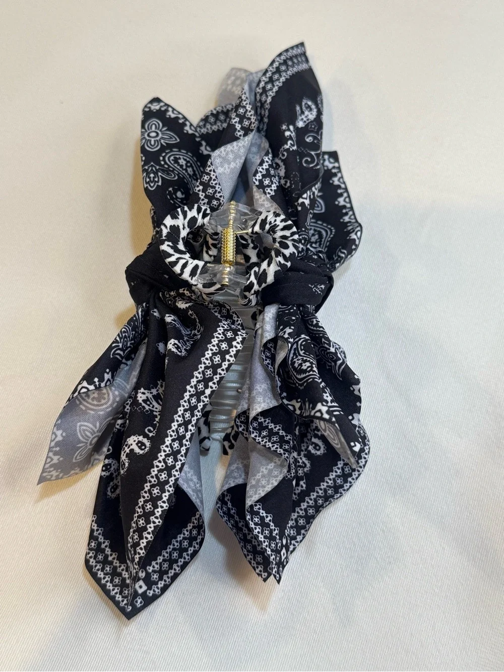 Black White Bandana Paisley Fabric Bow Claw Clip Hair Accessory Boho Y2K NWOT